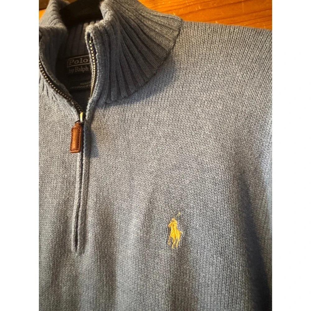 Polo Ralph Lauren Quarter Zip Sweater M Blue Cotton Pony Logo Preppy Old Money